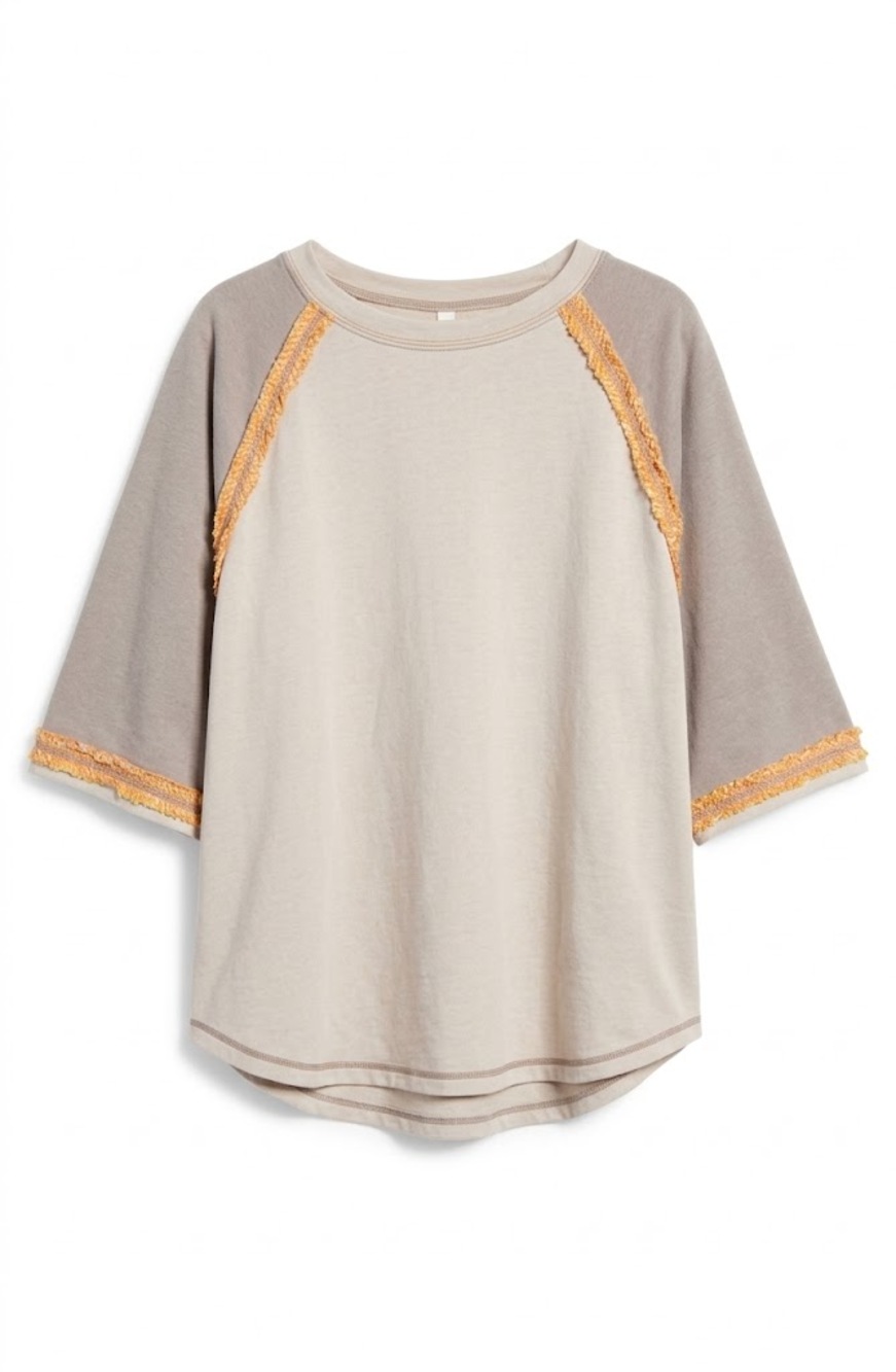 Easel Stone Colorblock Oversized 3/4 Sleeve Washed Shirt NWT